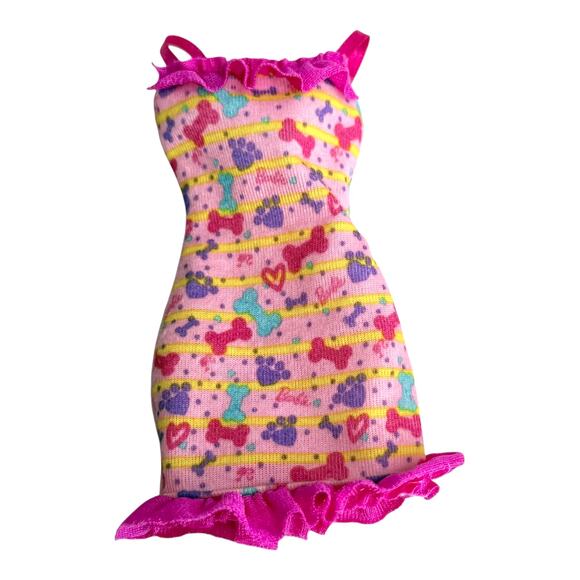 Barbie Puppy Play Park Dress Pink Bone Paw Prints Hearts Bodycon Ruffled Vintage - Picture 1 of 4